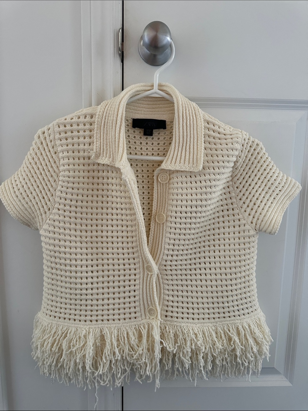 Like new Cream Crochet Fringe Short-Sleeve Sweater Cardigan - Picture 3 of 8